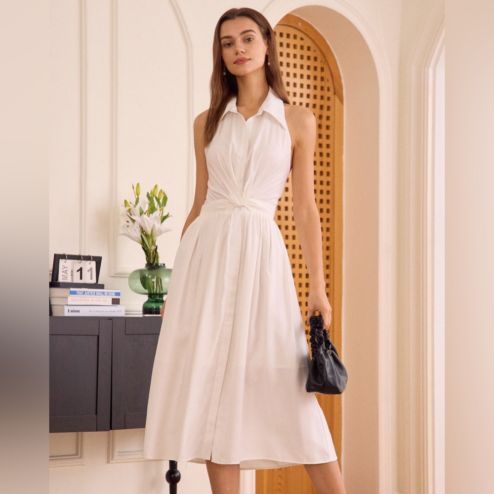 RIHOAS The White Collared Twist Backless Midi Dress